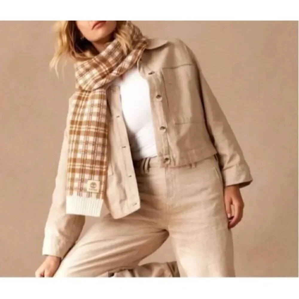 Timberland Scarf Womens One Size Camel Tan Ivory Buffalo Plaid Ribbed Hem Cozy